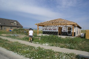 Retrieving roof trusses from the Poplar Grove building site.