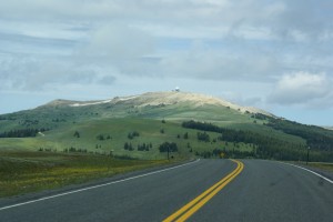 Approaching the Medicine Wheel turnoff. FAA facility on top of mountain.