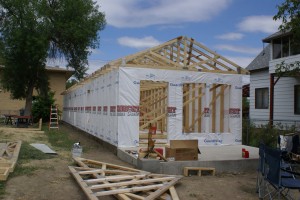 The house wrapped in Tyvek.