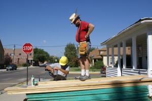 Nailing the front porch beams together.