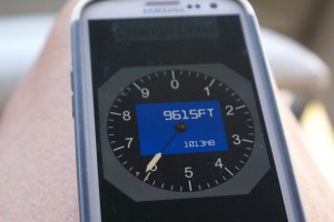 The altimeter app on Linda’s Samsung Galaxy S III; very cool, and so was the outside temperature.