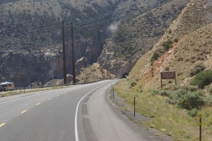 The three tunnels of Buffalo Bill Dam (middle tunnel not visible).