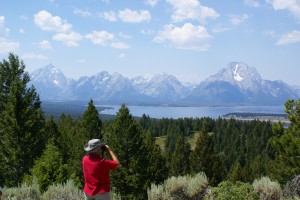 Linda looking at the Tetons from Signal Mountain.