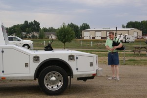 Practicing the bagpipes are Meadows RV Park in Miles City, MT.