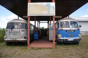 A pair of 1947 ACF Brill buses in a terminal mockup.
