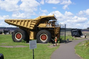 A Caterpillar 170 ton mine hauler with 10.5 ft diameter tires.  They also make a 240 ton with 13 ft diameter tires.  I don’t feel as bad now about replacing the 315/80R22.5 Michelins on our rig.