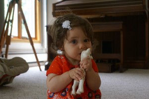 Madeline (8 months old) with her giraffe, Sophie.