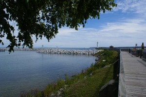 The boardwalk to the marina entrance and light.