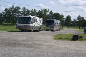 Two more rigs in the arrival area. The driveway into the Fireman’s park can easily handle four rigs with toads and this is where we unhooked our cars.