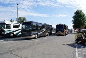The holding area where RVs are queued for entry and escorted to their sites.