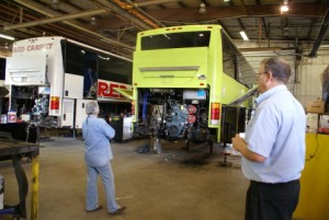 The business end of a bus being reworked. (Linda wondering if that would fit in our coach.)