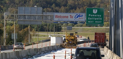 Welcome to Ohio!  (The bridge over the Ohio River was being resurfaced and down to one lane in each direction.)