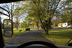 Sun Valley RV Park near Chillicothe, OH as seen from the driver’s position in the coach. Our site was ahead to the left but we had to circle around to the right get lined up so we could back in.