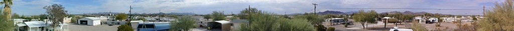 A panorama from the roof of our bus.  Left edge is NE, center is S, right edge is NW.