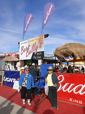 Marilyn & Linda in front of Beer Belly's "adult day care" outdoor bar.