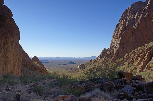 Looking WSW back out of Palm Canyon at the La Paz Valley. The trail climbs it goes deeper into the canyon. KOFA NWR, AZ.