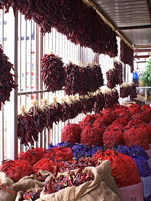 The front (outdoor) area of Hatch Chile Sales in Hatch, New Mexico.