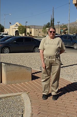 Our friend and Alamogordo tour guide Bell Moore, points to her Gulf War service brick at the Alamogordo, NM Chamber of Commerce.