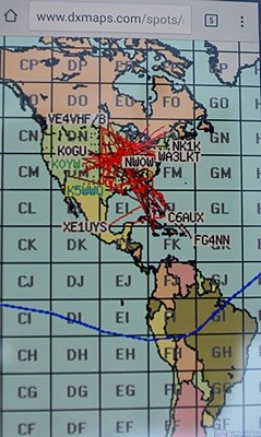 A path map from Eric's (K8ERS) cell phone of the early morning 6m band opening.
