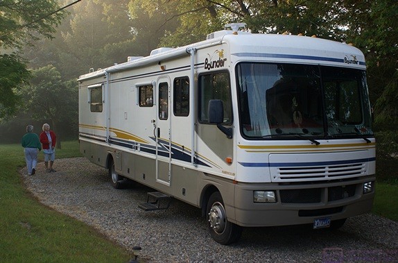 Mara's Fleetwood Bounder parked in our pull-thru driveway.