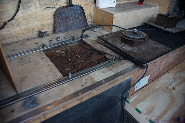 The area beneath the co-pilot/navigator seat. Not a pretty sight, especially when racing against the clock to get the coach finished for the upcoming winter season.
