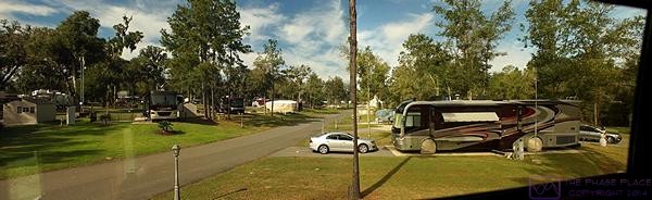 A panoramic view looking north into part of Williston Crossings RV Resort from the passenger side living room window of our motorcoach.